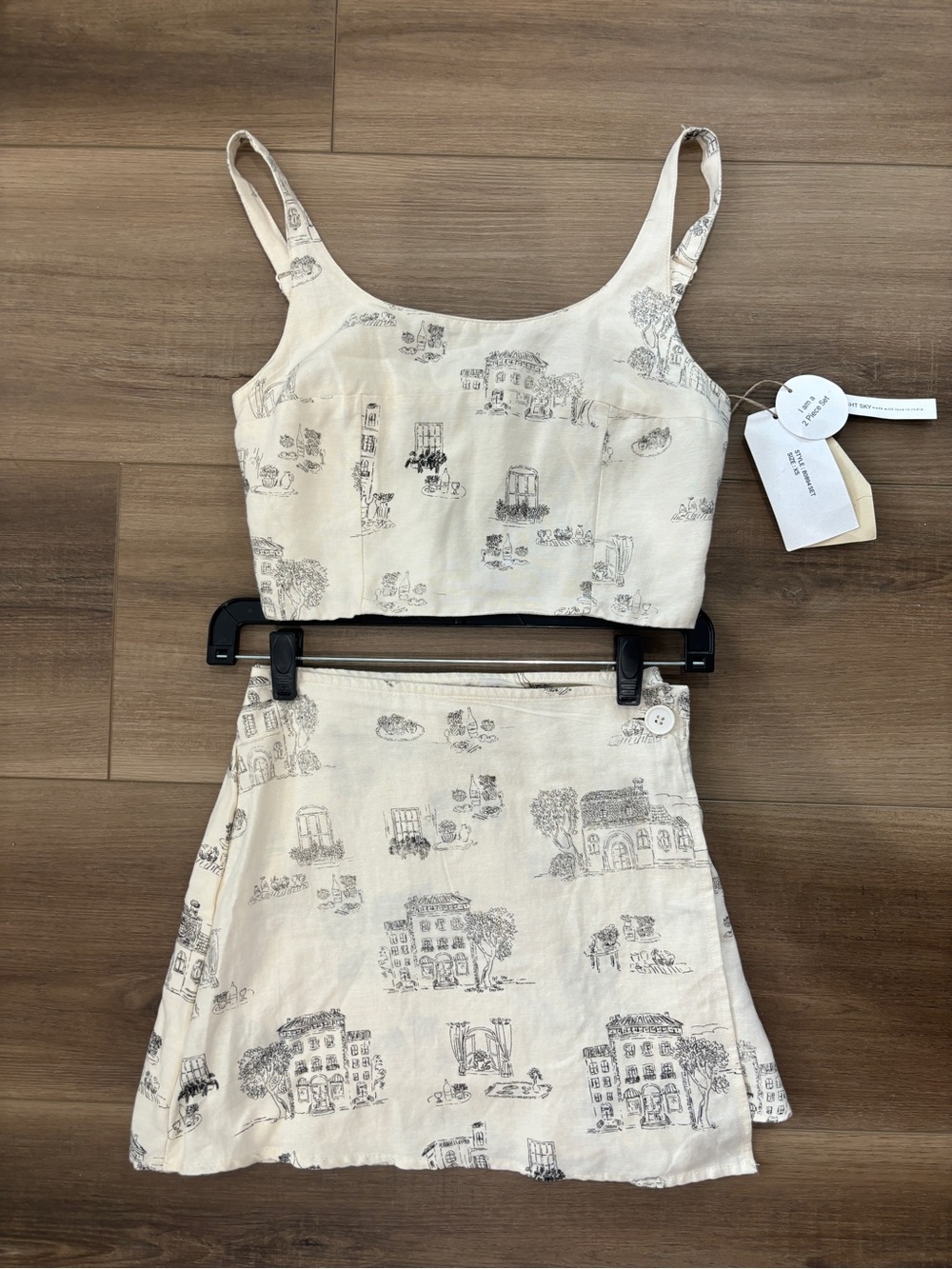 Midnight Sky Toile Print Crop Top & Mini Skirt 2 Piece Set XS NWT